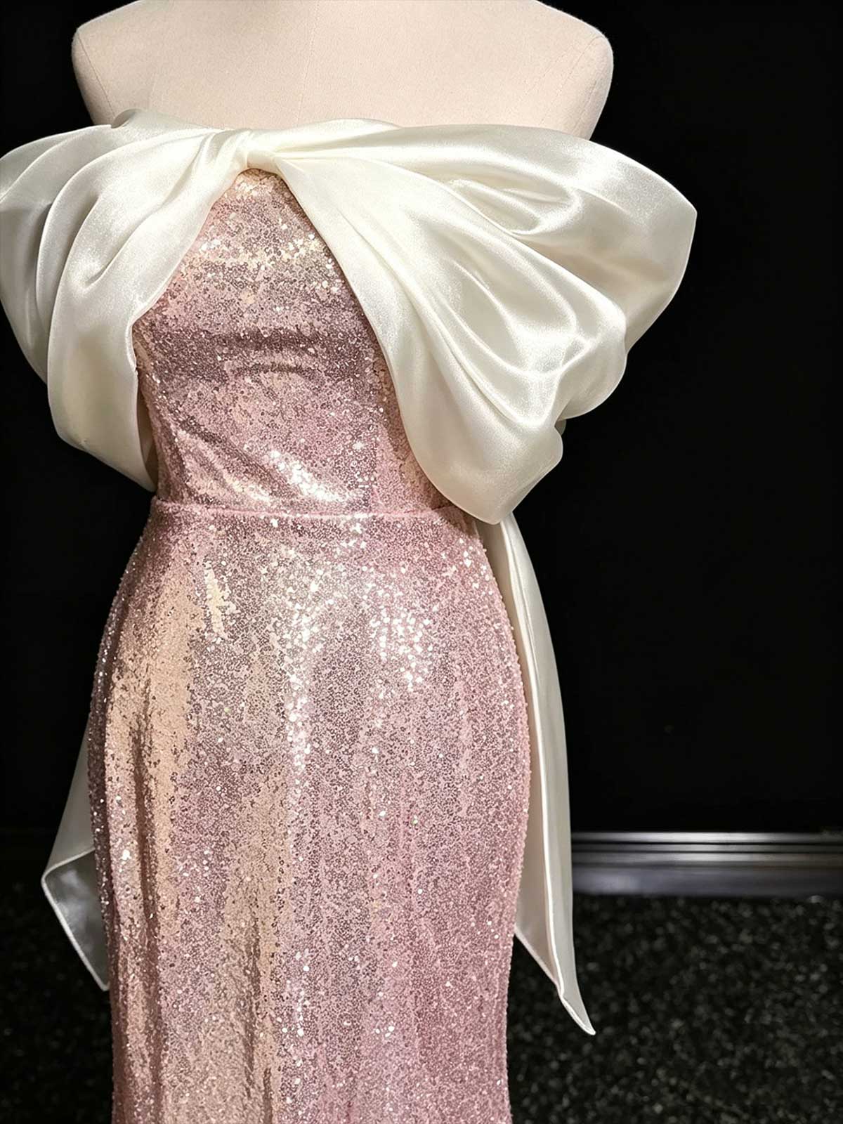 Rose Gold Strapless Sequin Mermaid Evening Gown with Satin Bow