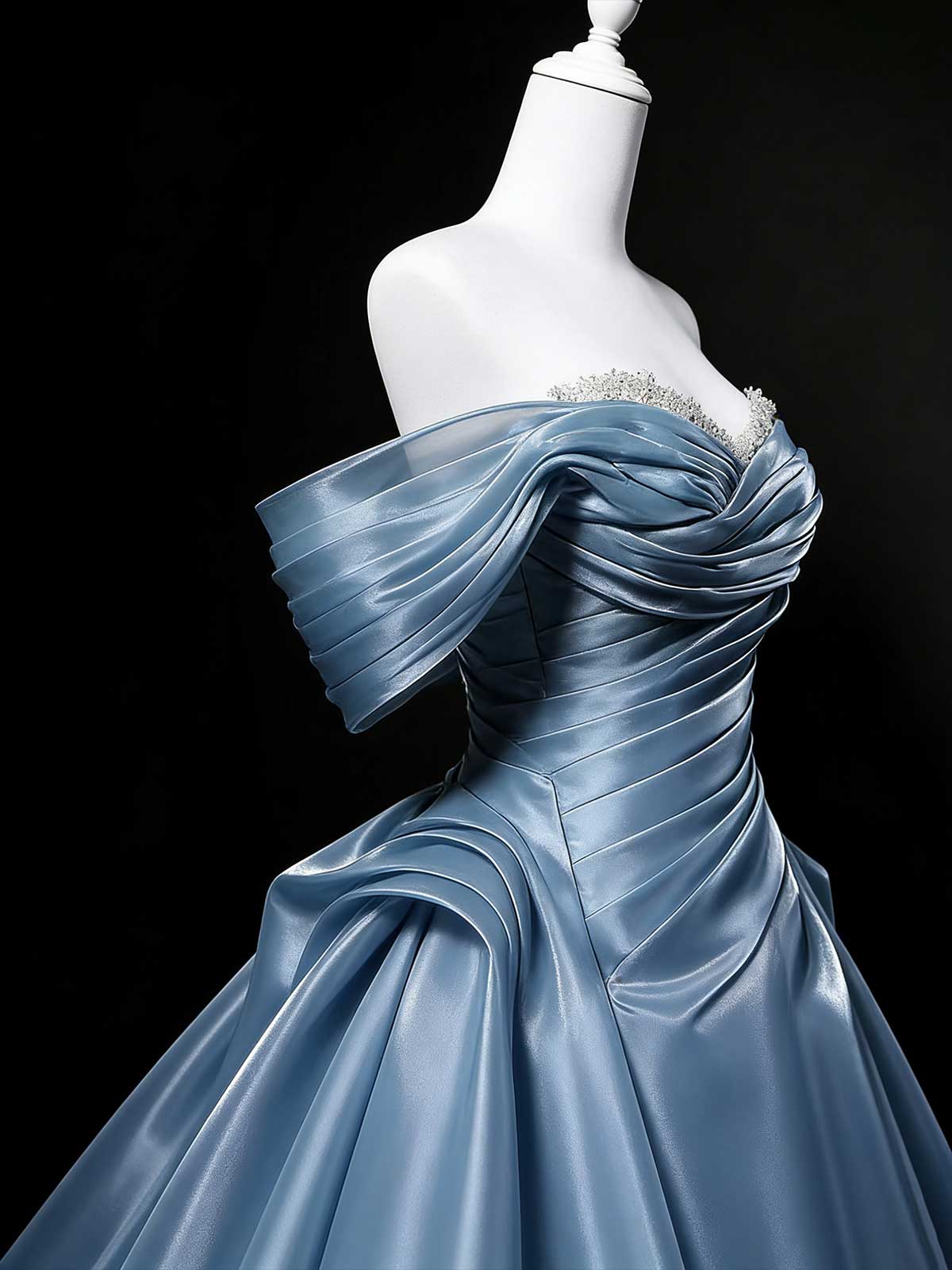 Dusty Blue Off-Shoulder Satin A-Line Evening Gown