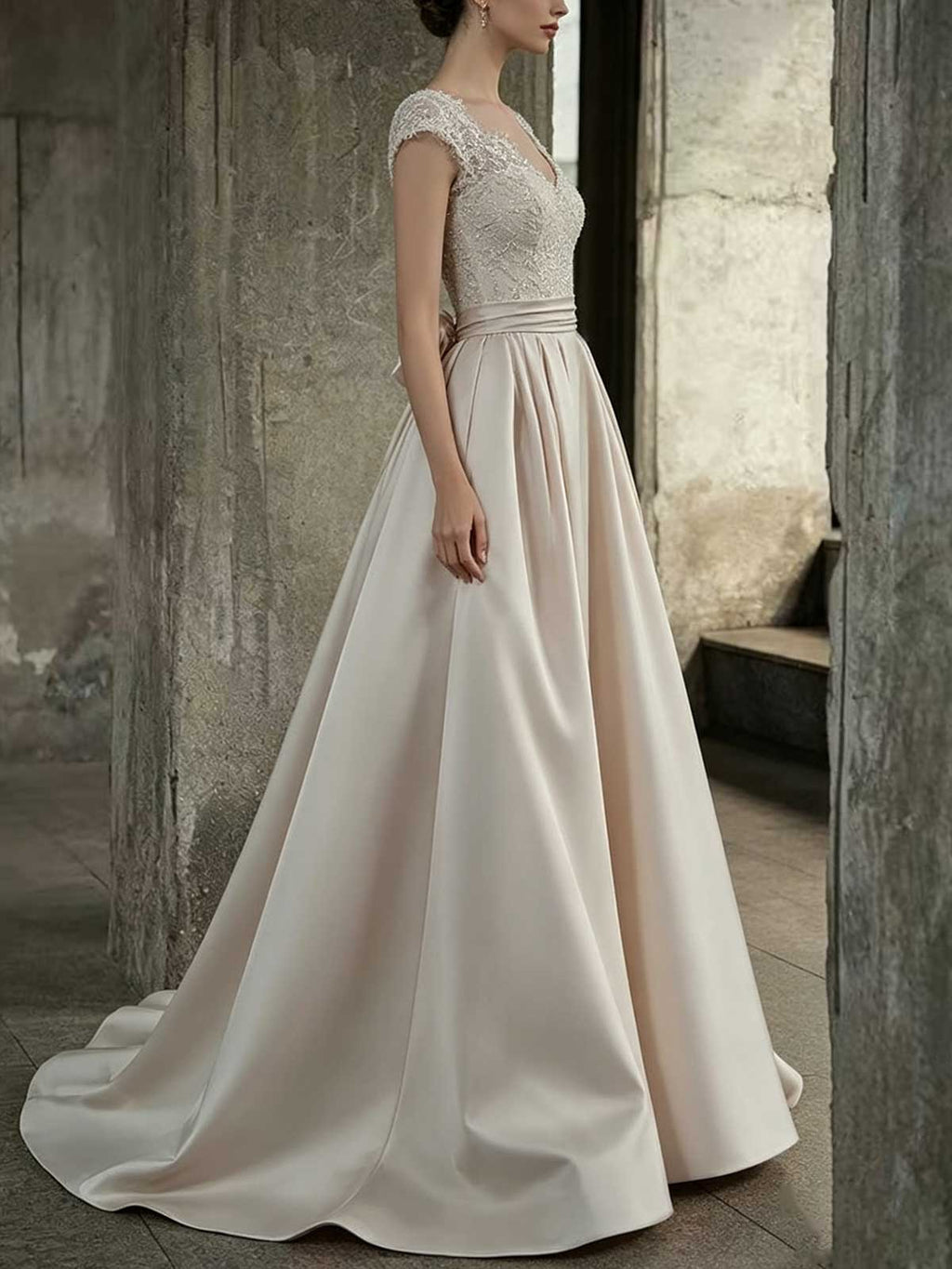 Ivory Lace Satin A-Line Wedding Dress with Cap Sleeves