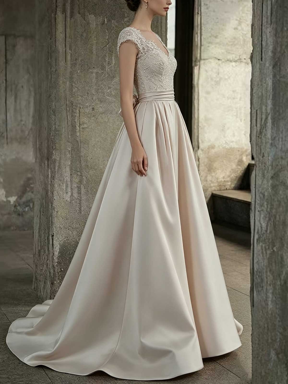 Ivory Lace Satin A-Line Wedding Dress with Cap Sleeves