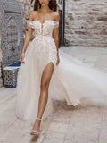 Ivory 3D Floral Off-the-Shoulder Split A-Line Wedding Dress
