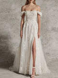 Ivory 3D Floral Applique Off-the-Shoulder High Slit Tulle Wedding Dress