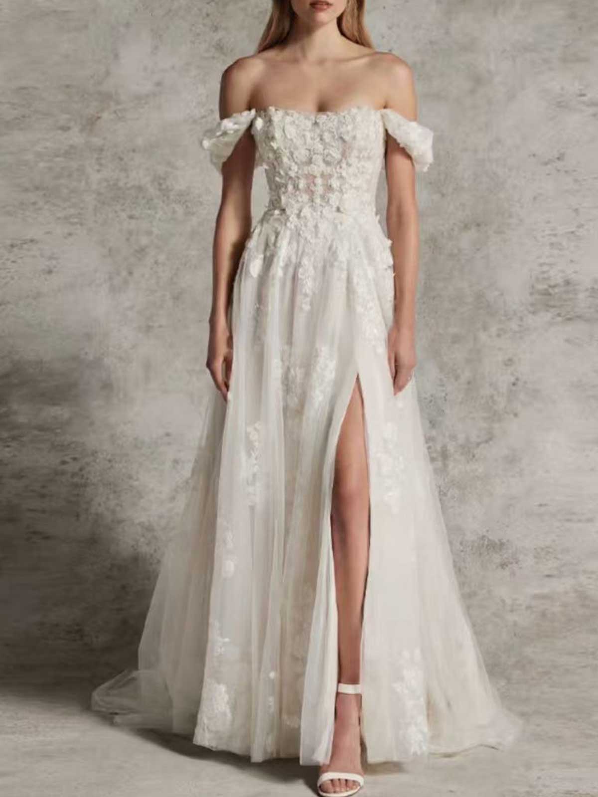Ivory 3D Floral Applique Off-the-Shoulder High Slit Tulle Wedding Dress
