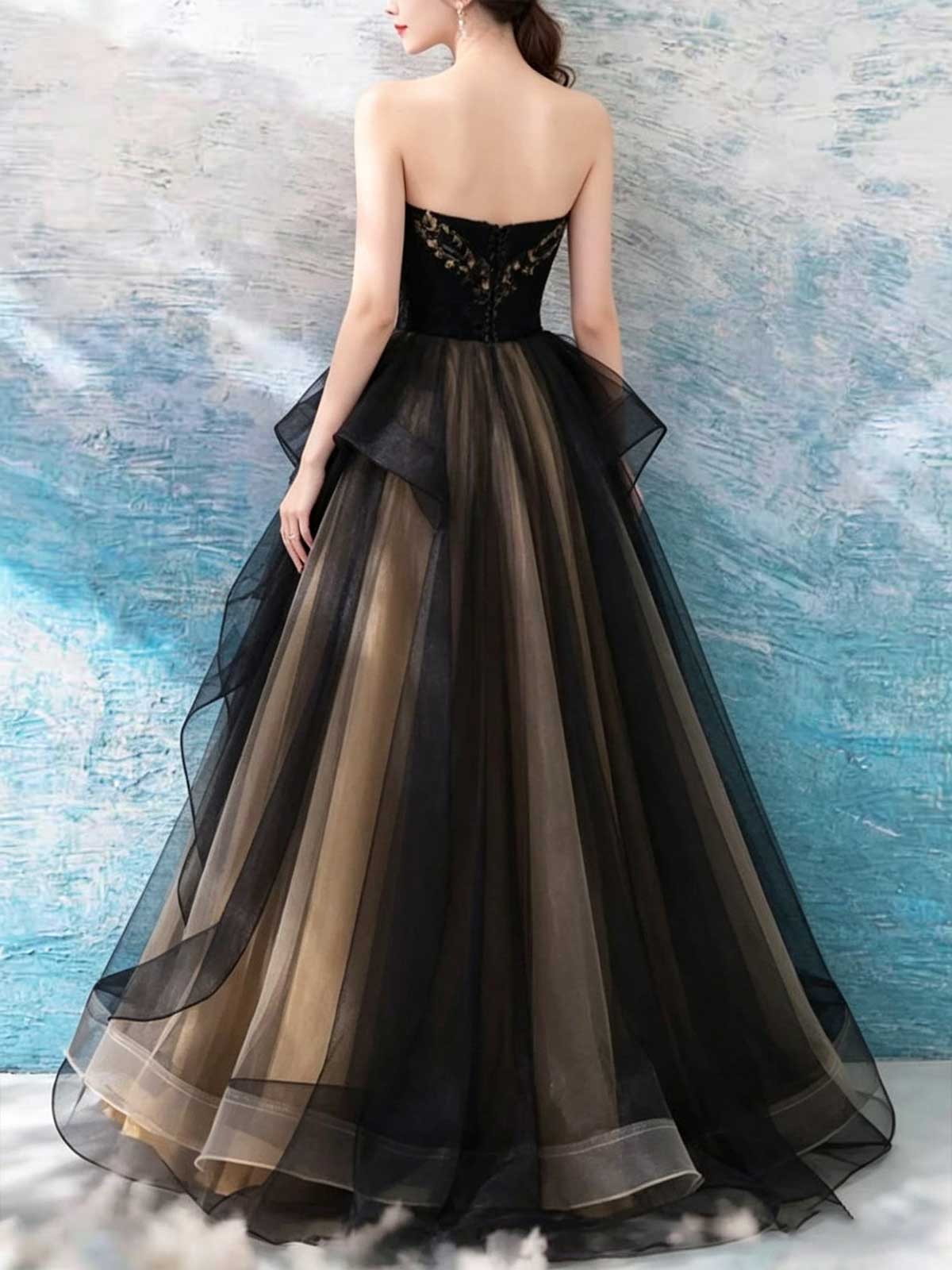 Black Lace Corset Prom Dress with Sheer Tulle Skirt and Gold Lining