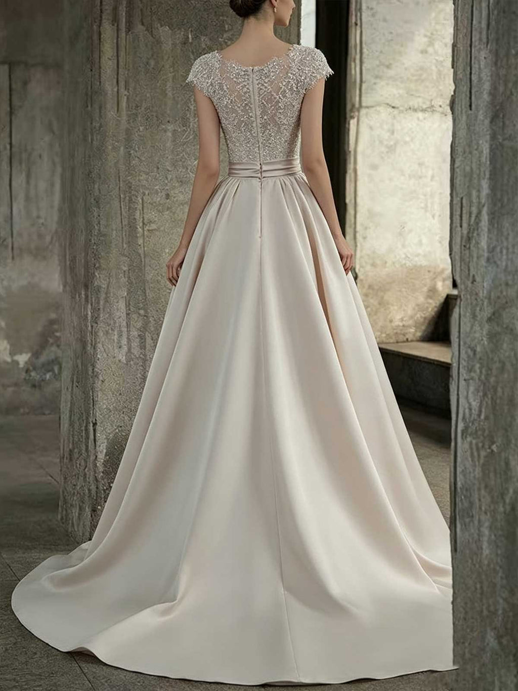 Ivory Lace Satin A-Line Wedding Dress with Cap Sleeves