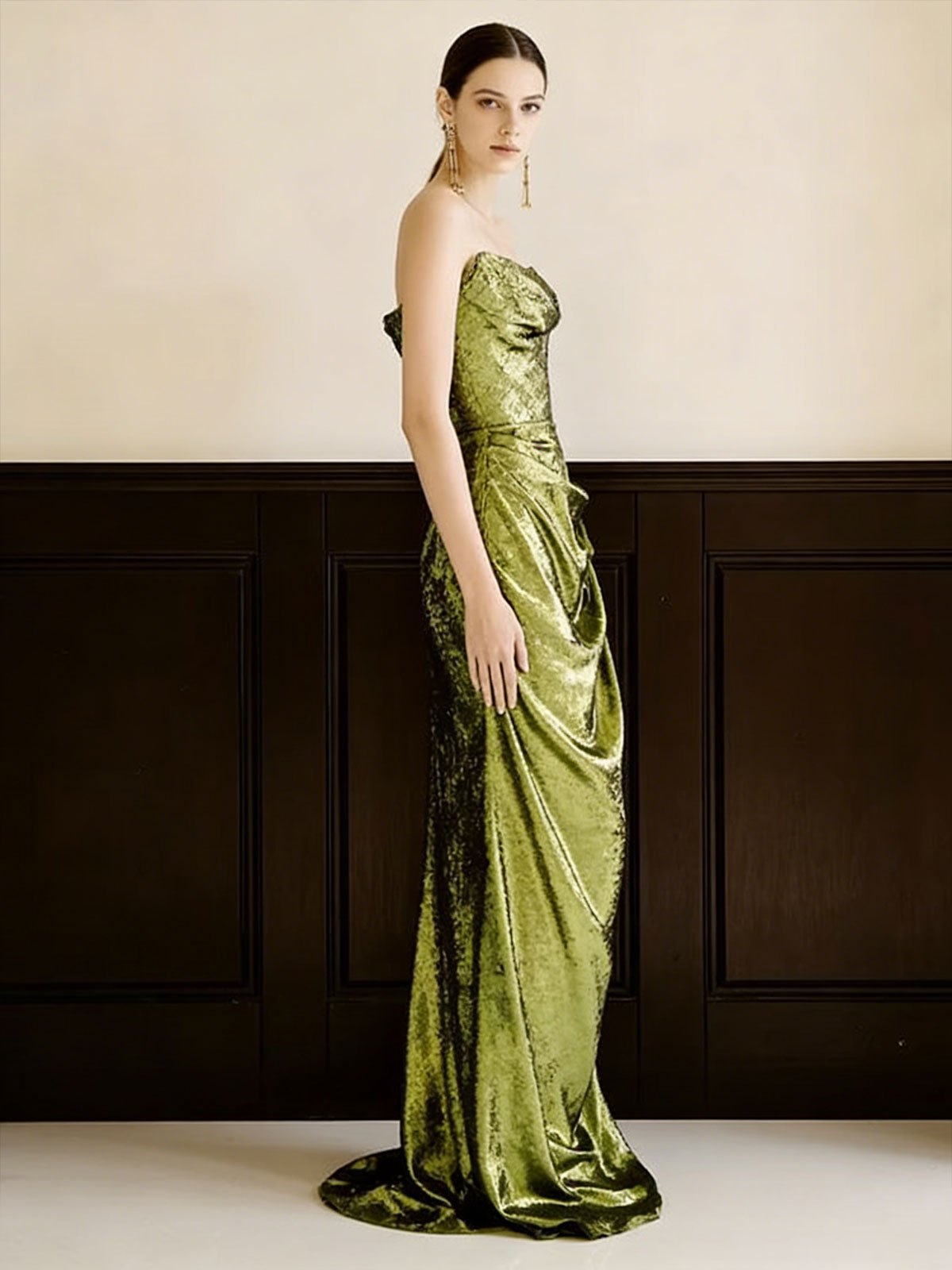 Metallic Green Draped Evening Gown with Cowl Neck