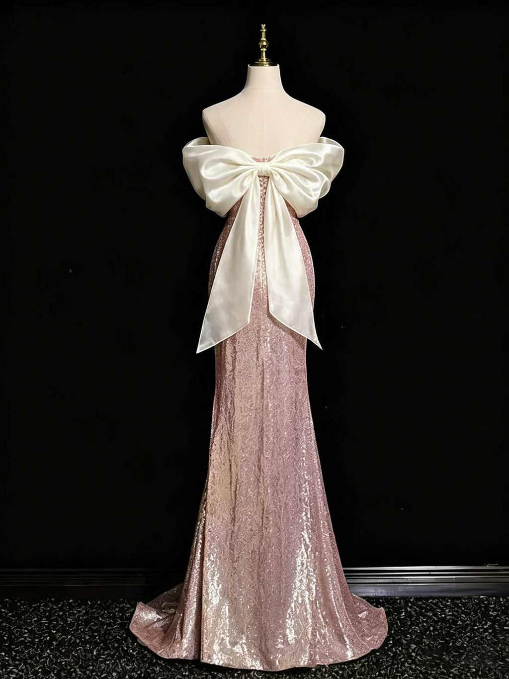 Rose Gold Strapless Sequin Mermaid Evening Gown with Satin Bow