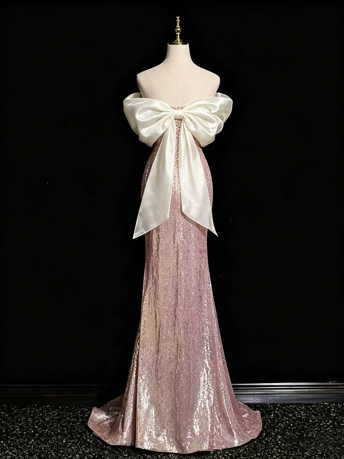 Rose Gold Strapless Sequin Mermaid Evening Gown with Satin Bow