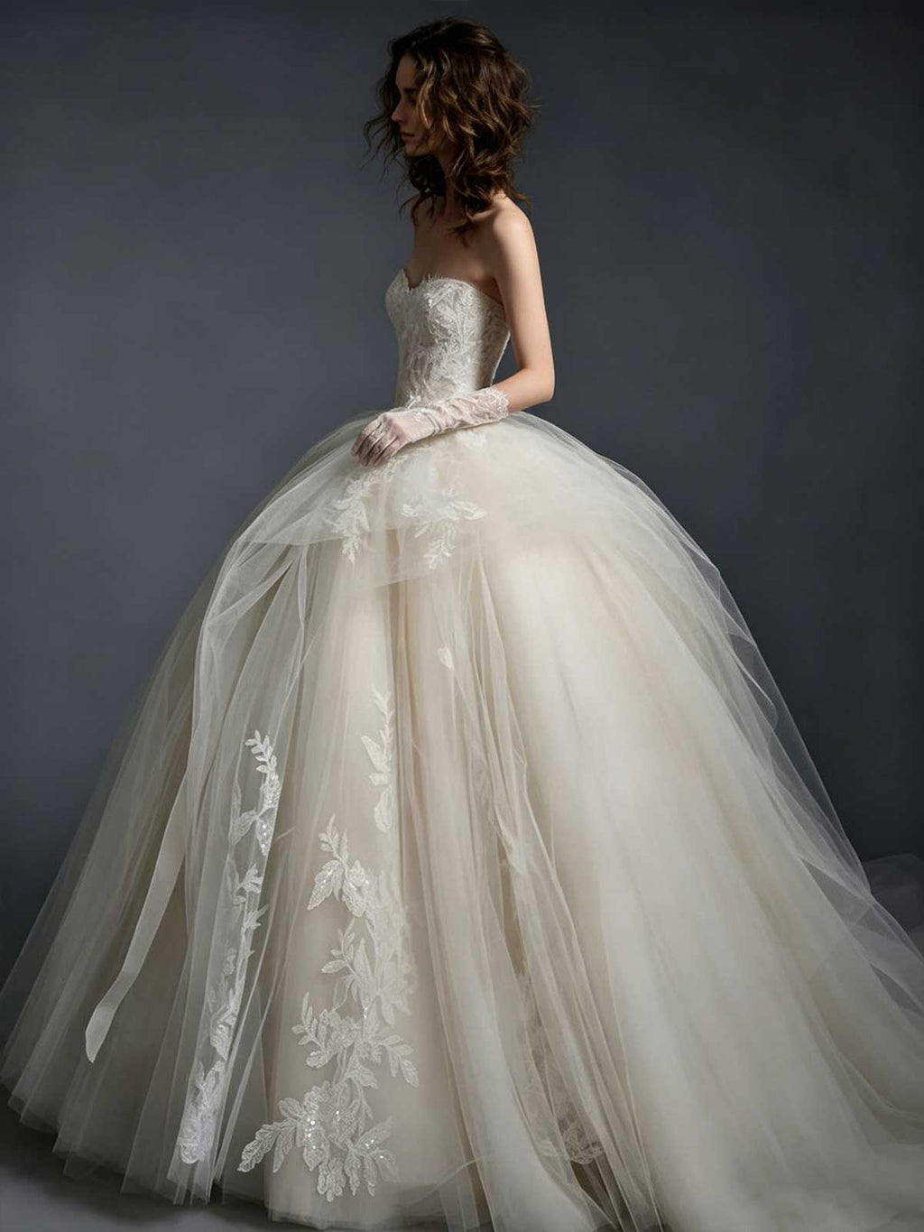 Ivory Strapless Lace Tulle Ball Gown Wedding Dress with Voluminous Skirt