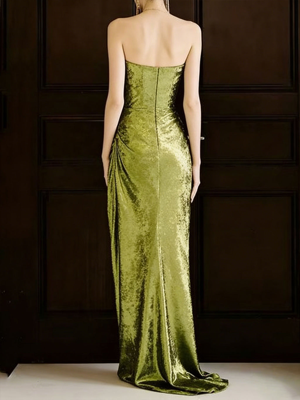 Metallic Green Draped Evening Gown with Cowl Neck