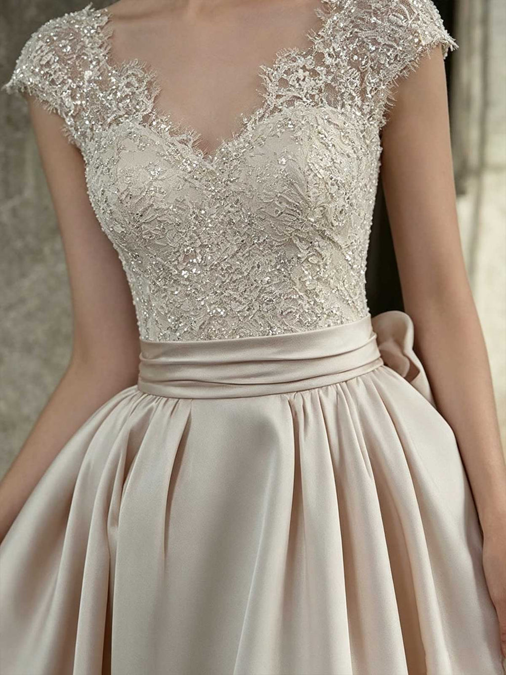 Ivory Lace Satin A-Line Wedding Dress with Cap Sleeves