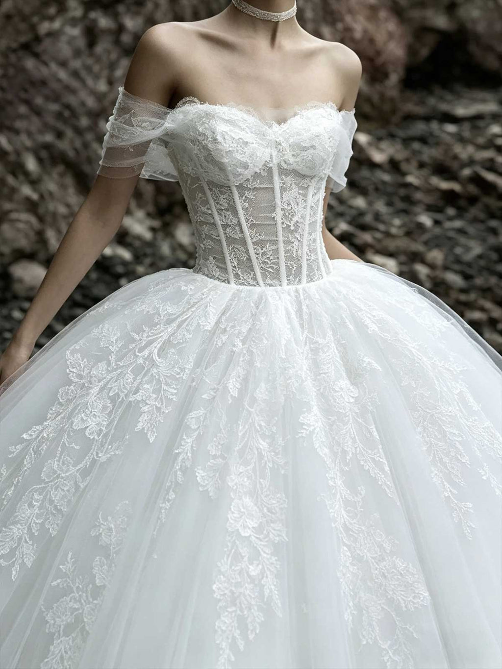 White Off-the-Shoulder Corset Tulle Ball Gown Wedding Dress with Lace Hem