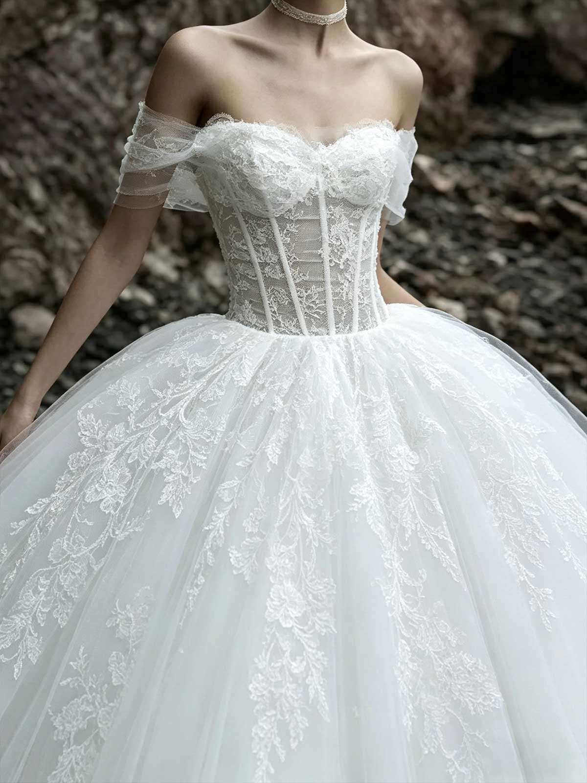 White Off-the-Shoulder Corset Tulle Ball Gown Wedding Dress with Lace Hem