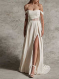 Ivory Satin Off-the-Shoulder Cutout Waist A-Line Evening Gown