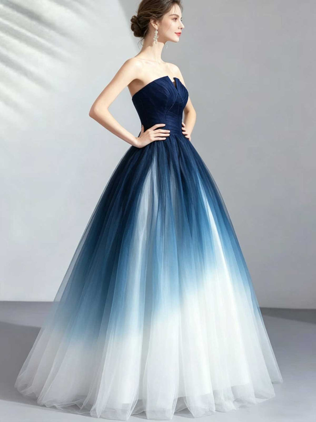Ombre Navy to White Strapless Tulle Ball Gown