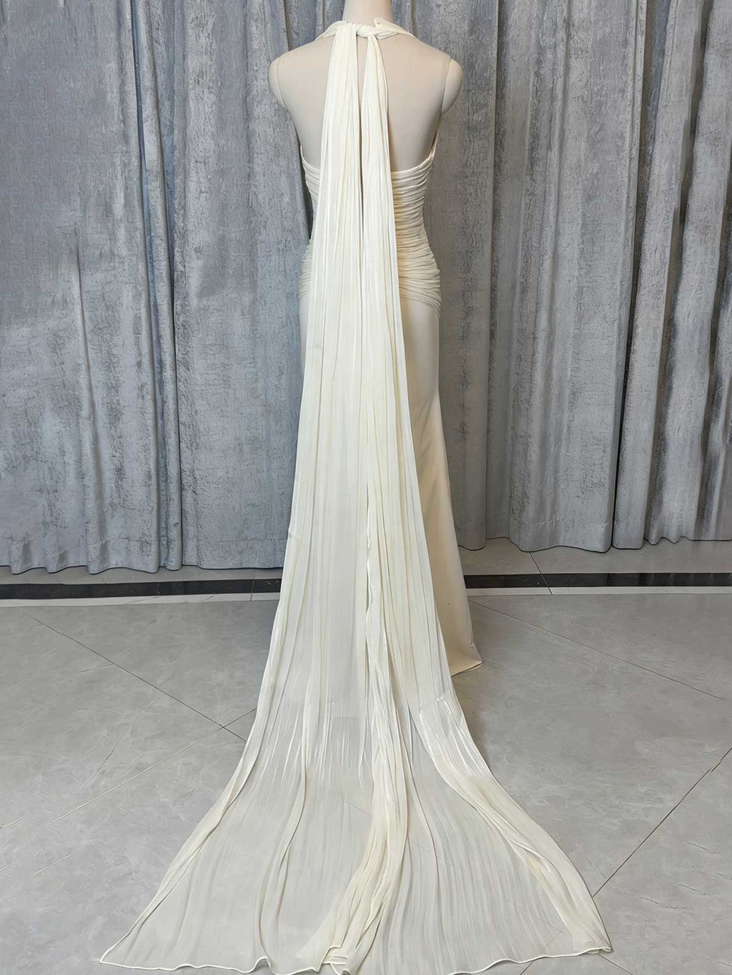 Elegant Cream Ruched Mermaid Wedding Dress with Back Sash