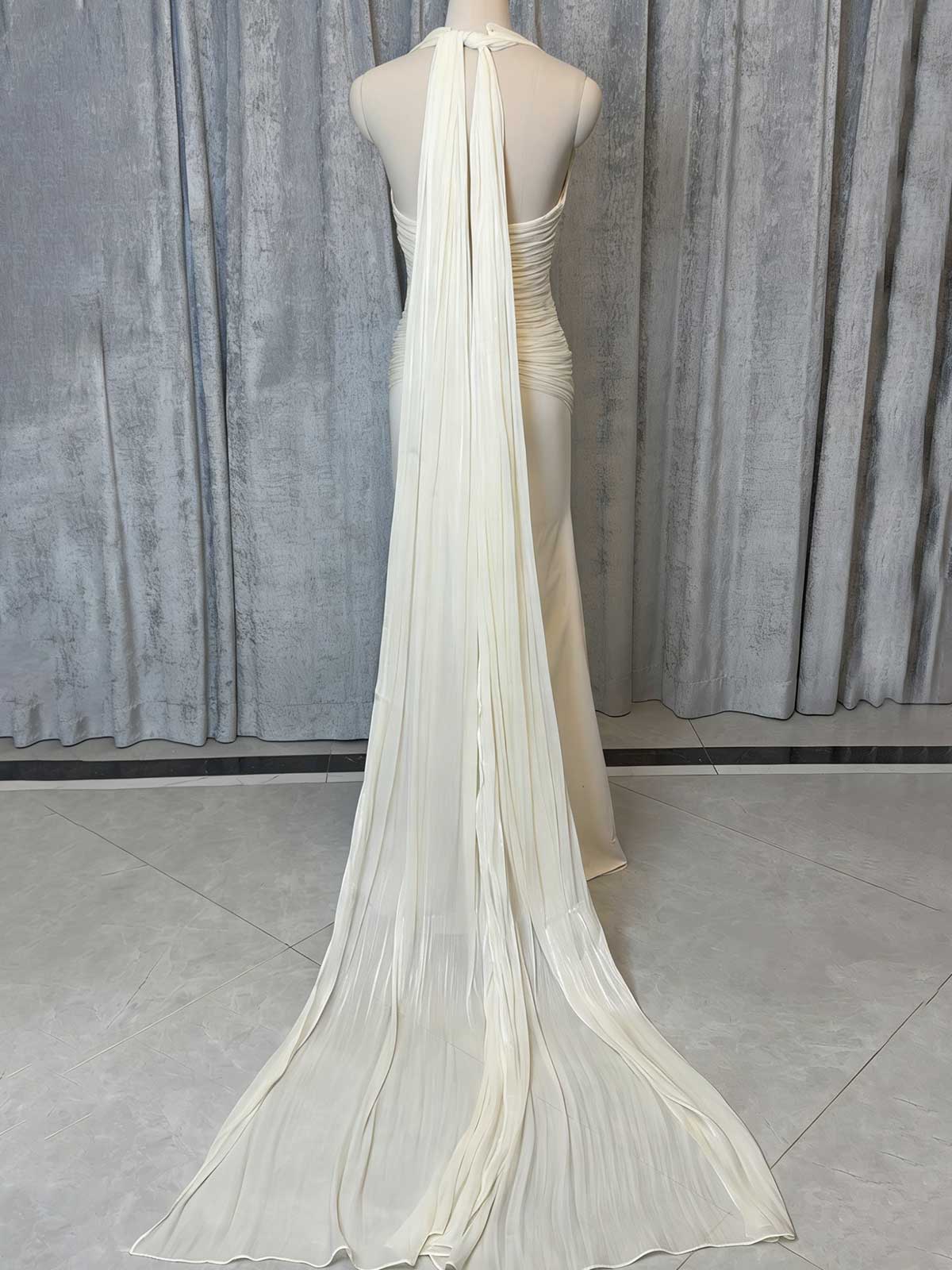 Elegant Cream Ruched Mermaid Wedding Dress with Back Sash