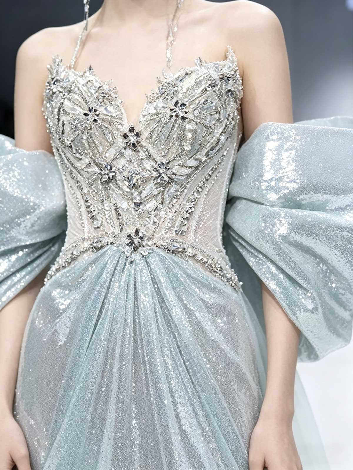 Ice Blue Sequin Strapless A-Line Evening Gown with Oversized Sleeves