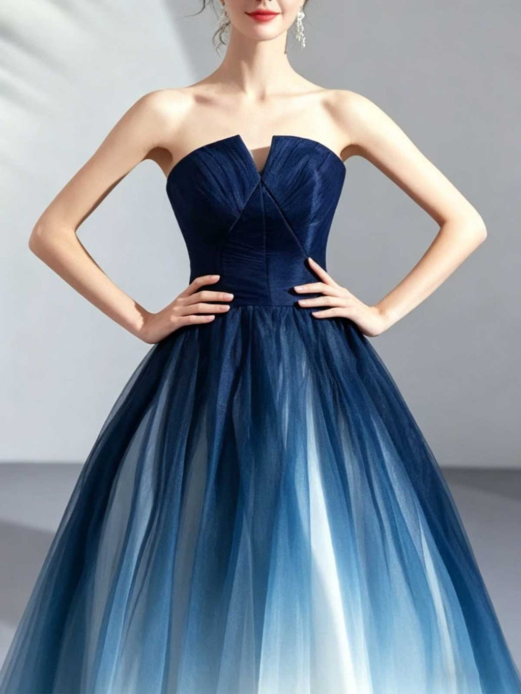 Ombre Navy to White Strapless Tulle Ball Gown