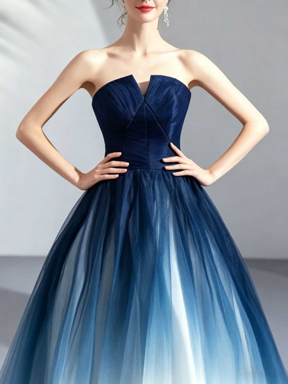 Ombre Navy to White Strapless Tulle Ball Gown