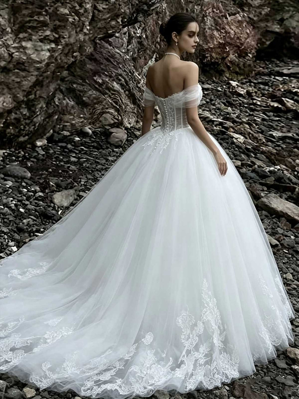 White Off-the-Shoulder Corset Tulle Ball Gown Wedding Dress with Lace Hem