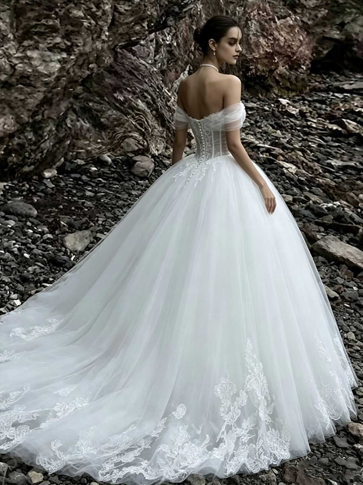 White Off-the-Shoulder Corset Tulle Ball Gown Wedding Dress with Lace Hem
