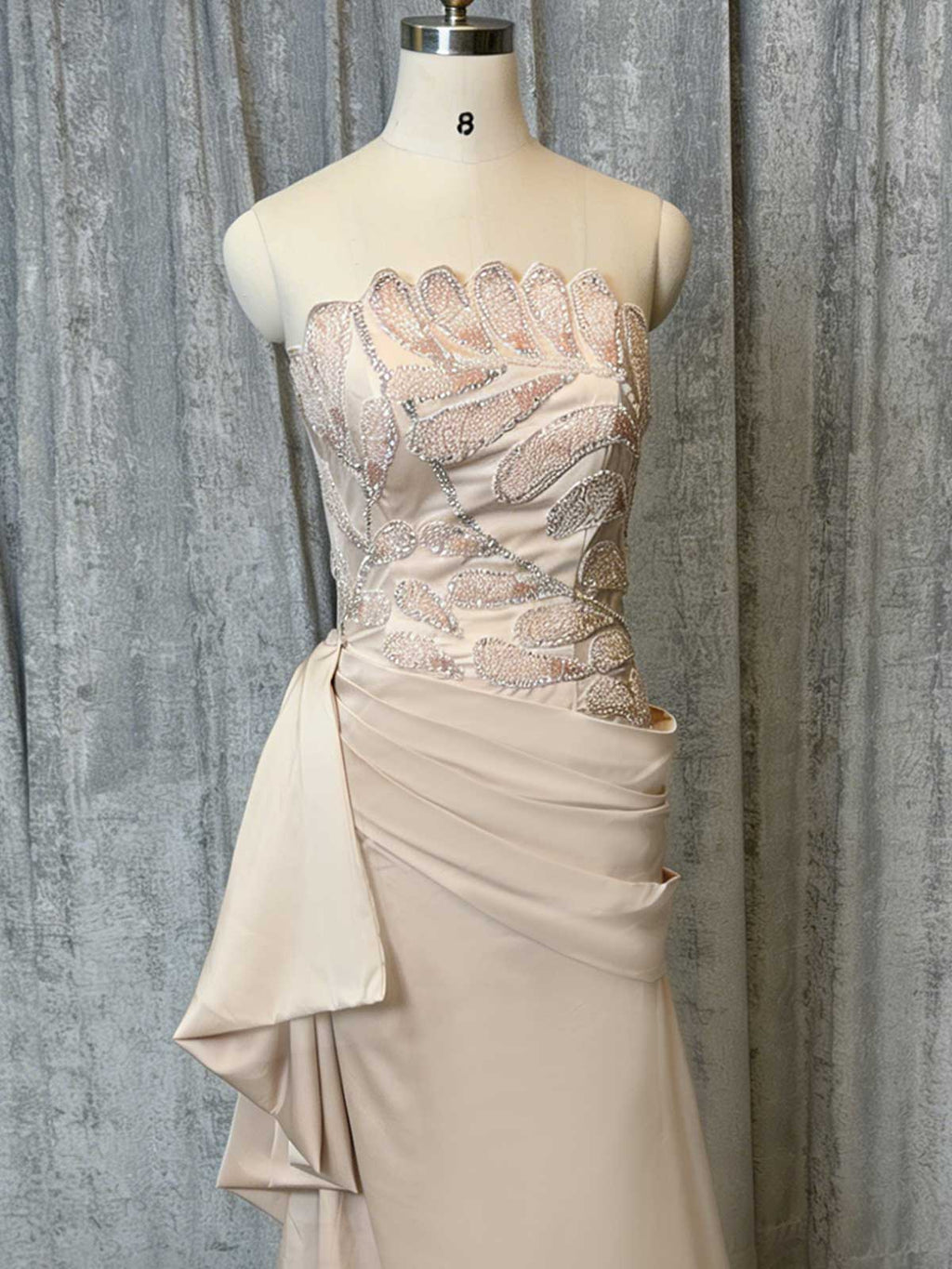 Luxury Champagne Formal Gown with Scalloped Neckline & Train