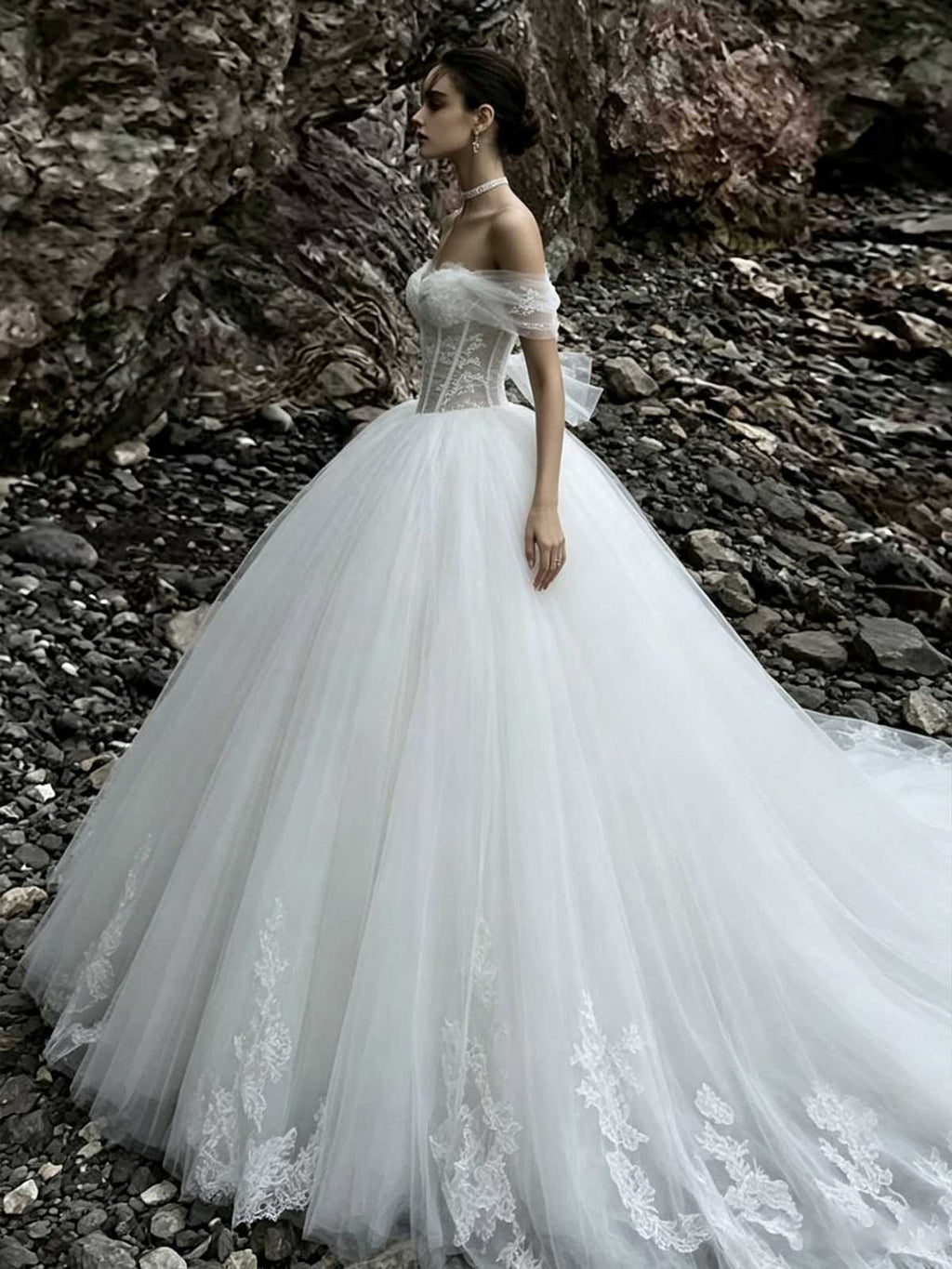 White Off-the-Shoulder Corset Tulle Ball Gown Wedding Dress with Lace Hem