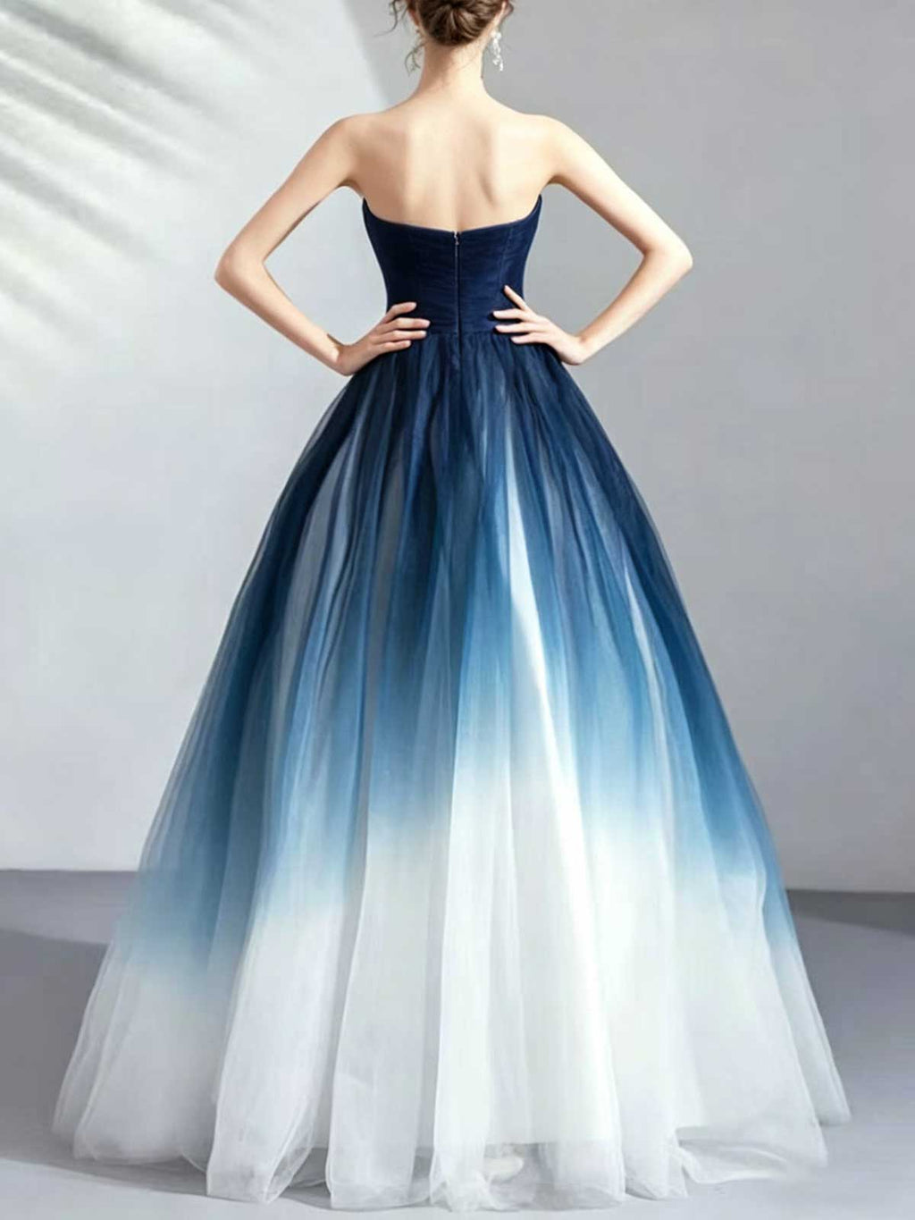 Ombre Navy to White Strapless Tulle Ball Gown