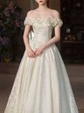 Ivory Satin Off-the-Shoulder Jacquard A-Line Wedding Dress