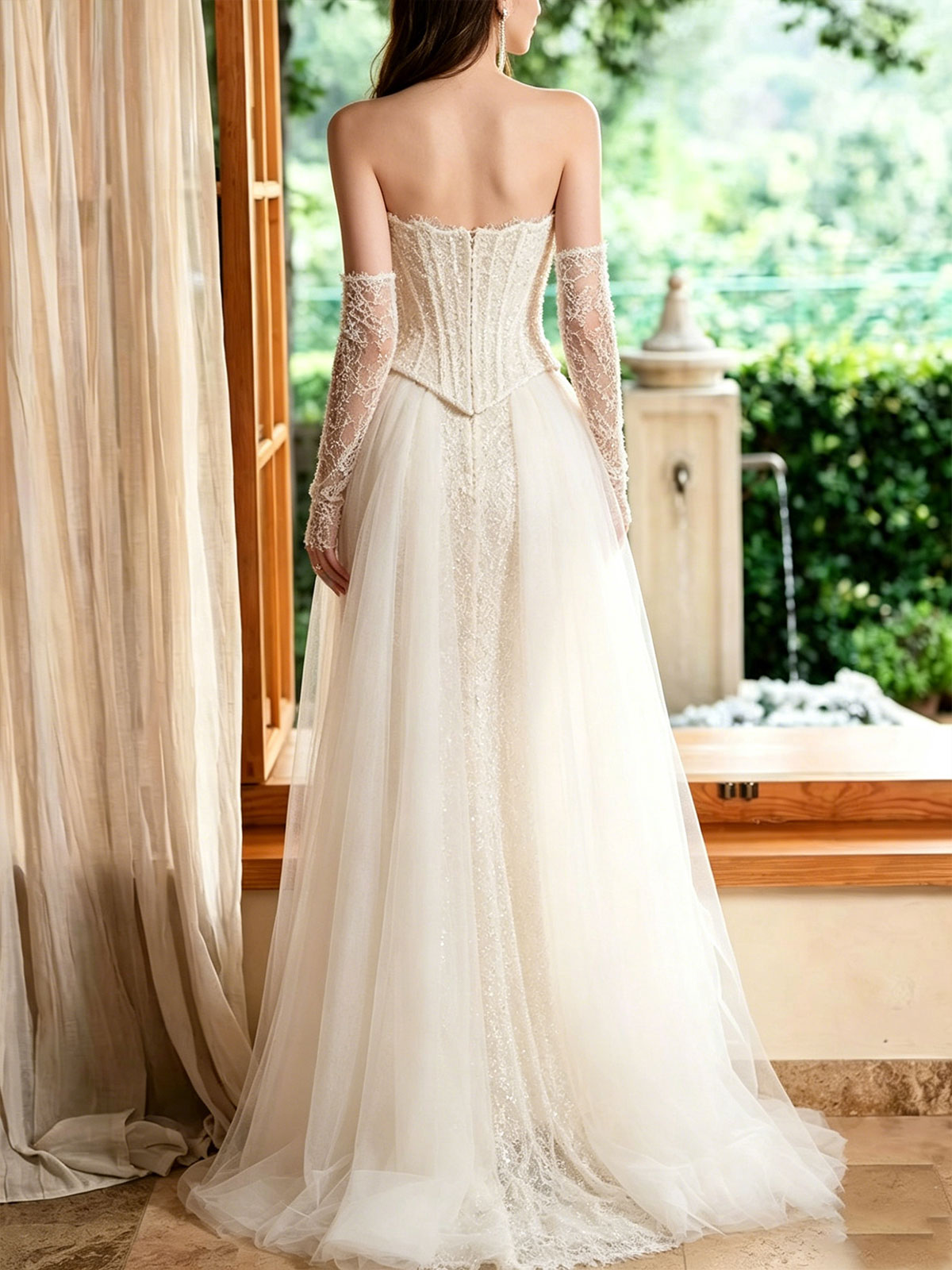 Strapless Corset Lace Mermaid Detachable Sleeve Wedding Dress