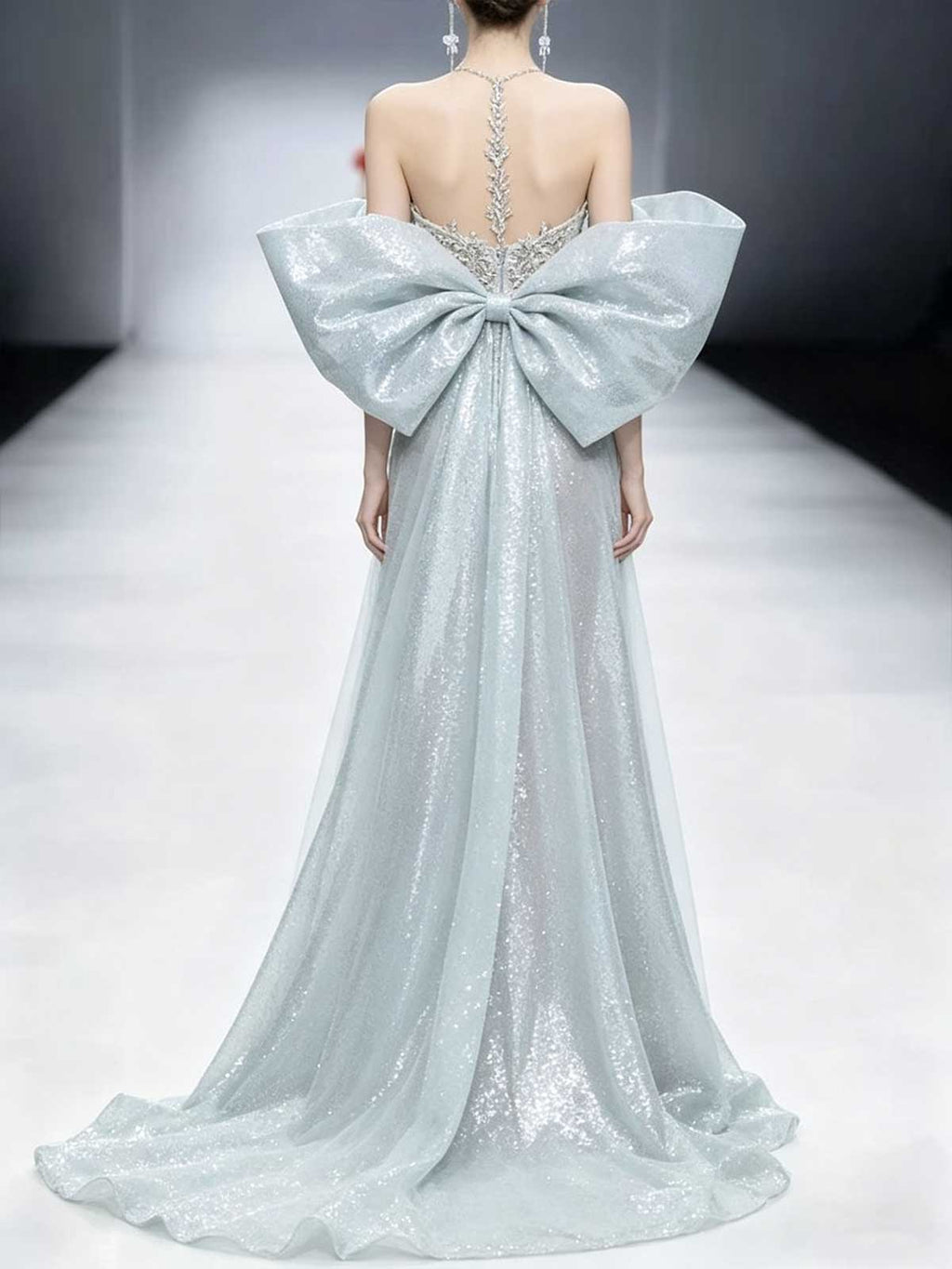 Ice Blue Sequin Strapless A-Line Evening Gown with Oversized Sleeves