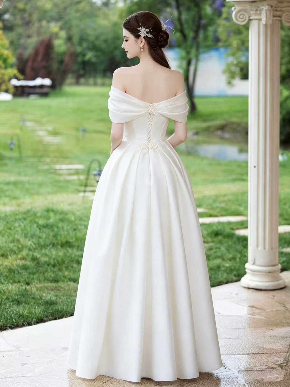 Ivory Satin Off-the-Shoulder A-Line Wedding Dress with 3D Floral