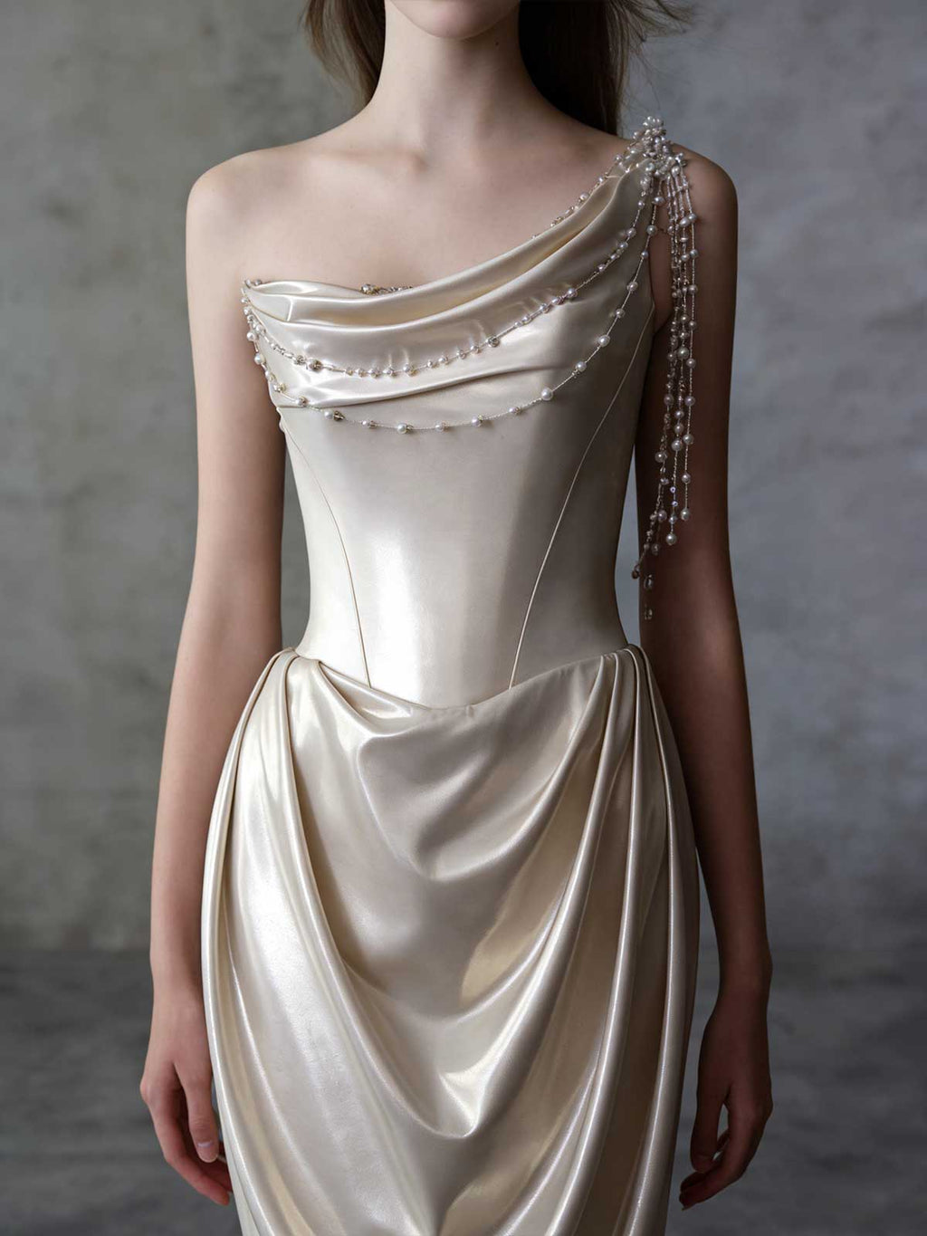 Elegant Champagne Satin Evening Gown with Pearl Drapery