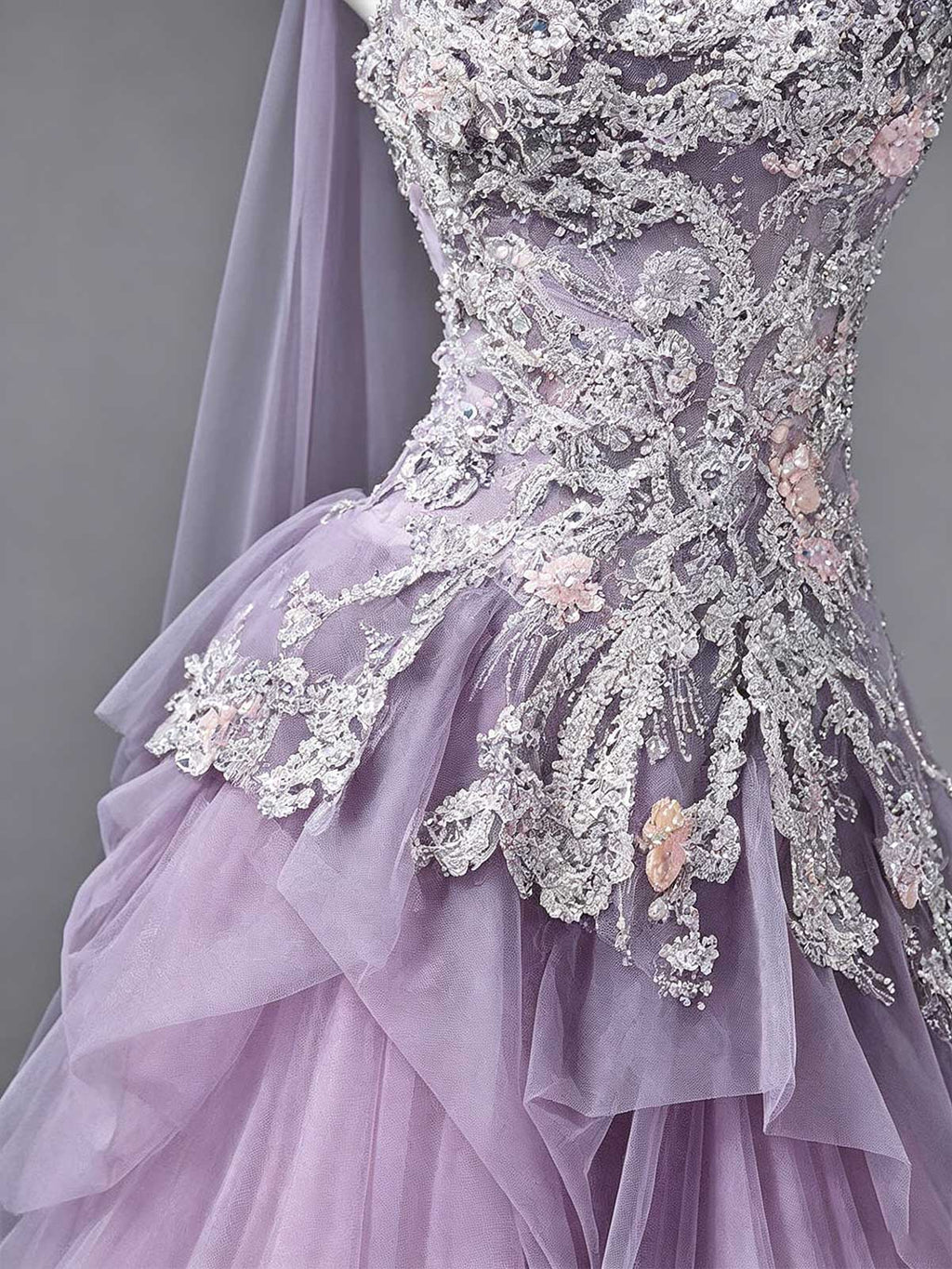 Lavender Purple Strapless 3D Floral Lace Tulle Ball Gown with Sheer Shawl