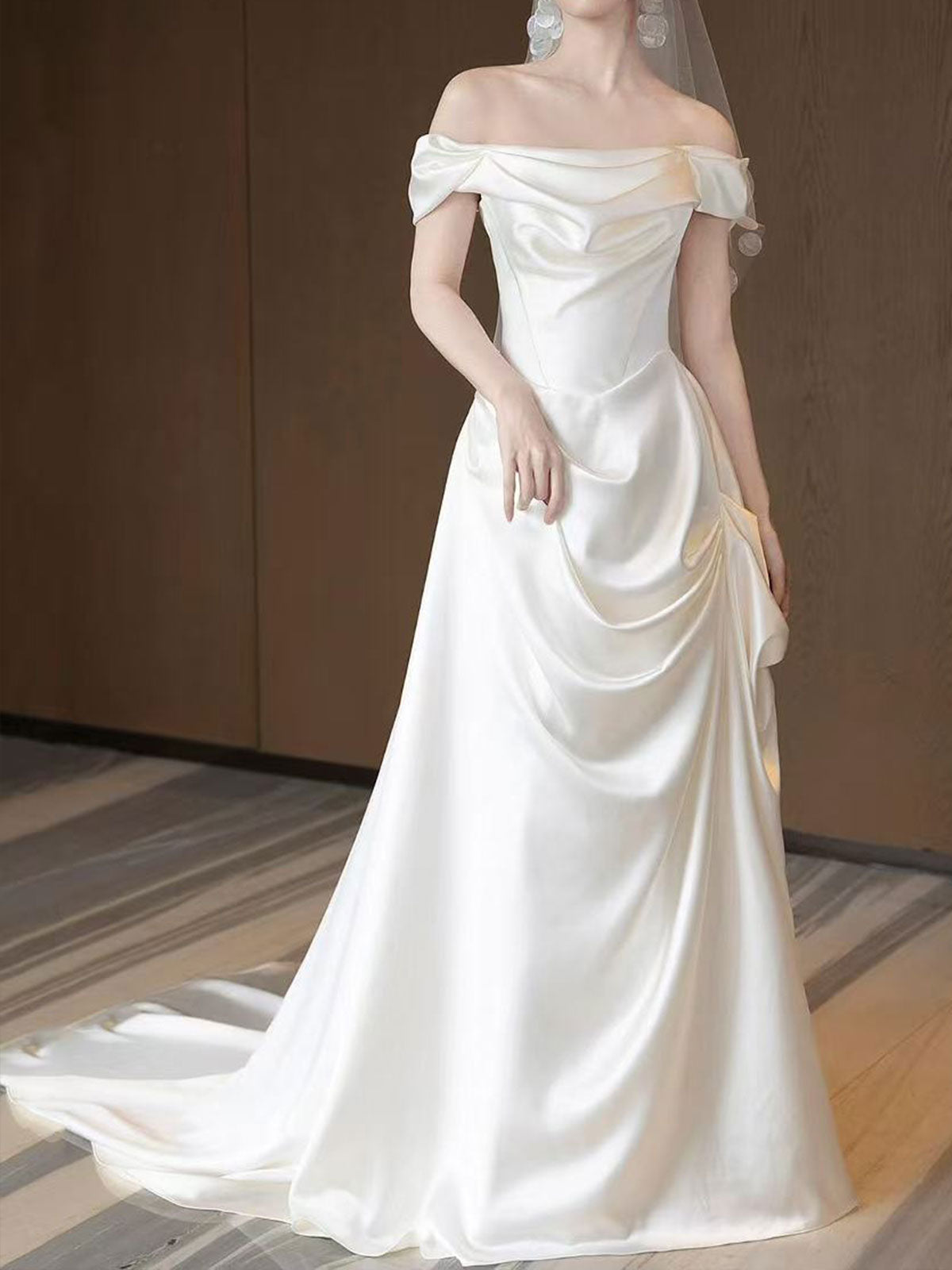 Ivory Satin Off-the-Shoulder A-Line Wedding Gown with Side Draping