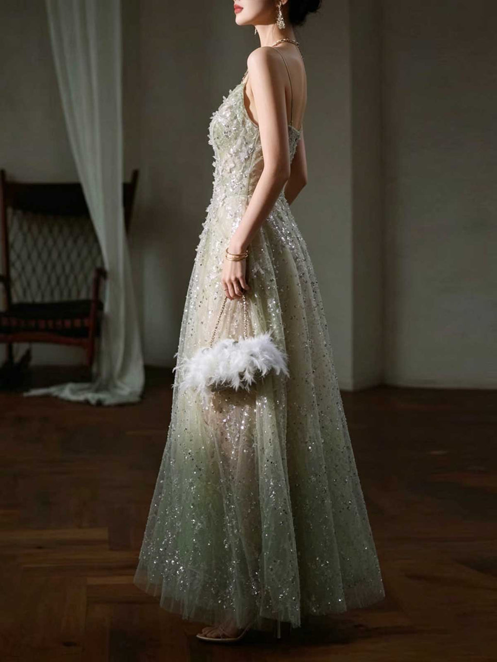 Mint Green Gradient 3D Floral Sequin Spaghetti Strap A-Line Evening Gown