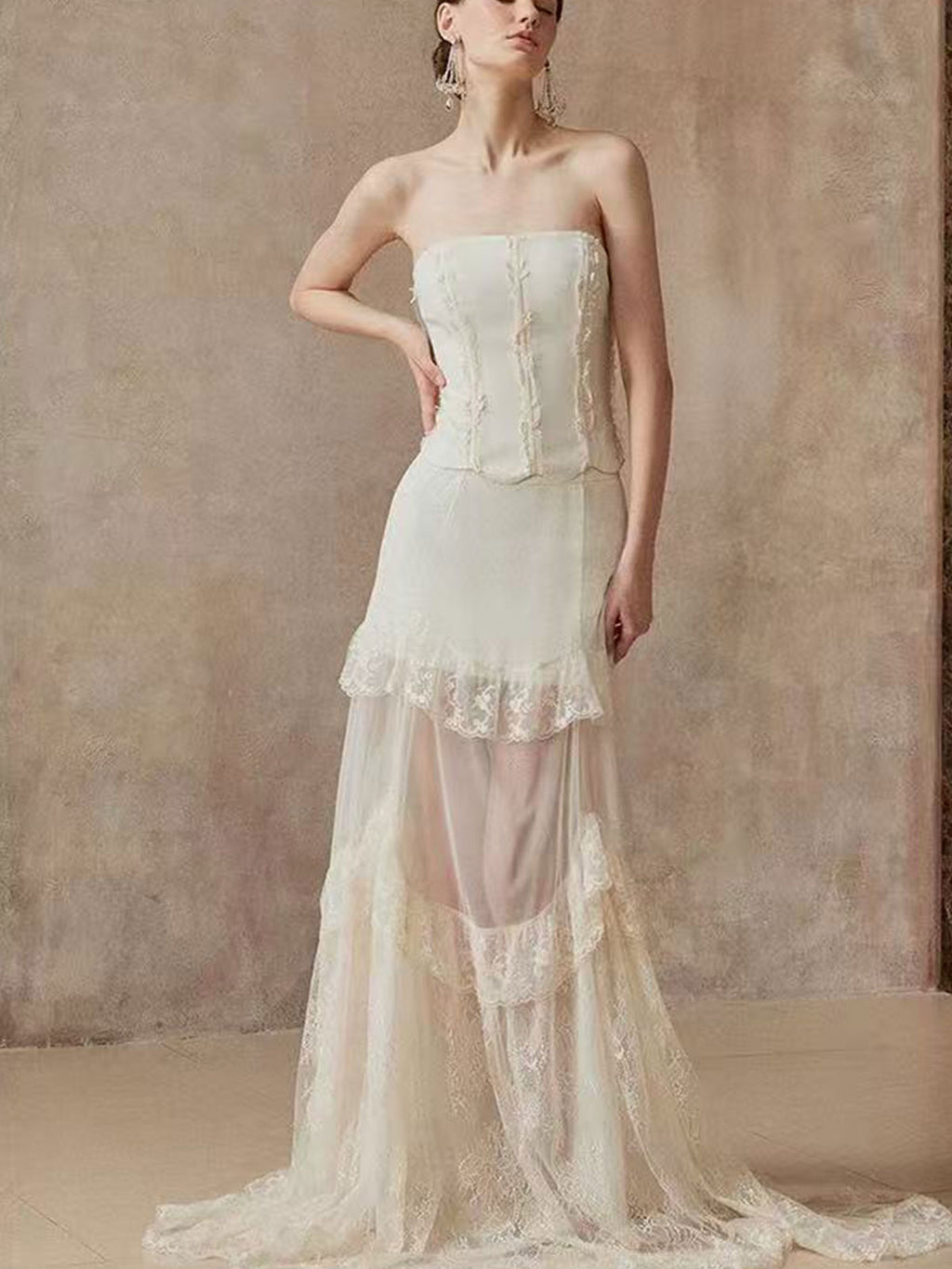 Vintage Lace Strapless Sheath Maxi Dress - Boho Wedding Guest Evening Gown