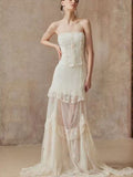 Vintage Lace Strapless Sheath Maxi Dress - Boho Wedding Guest Evening Gown
