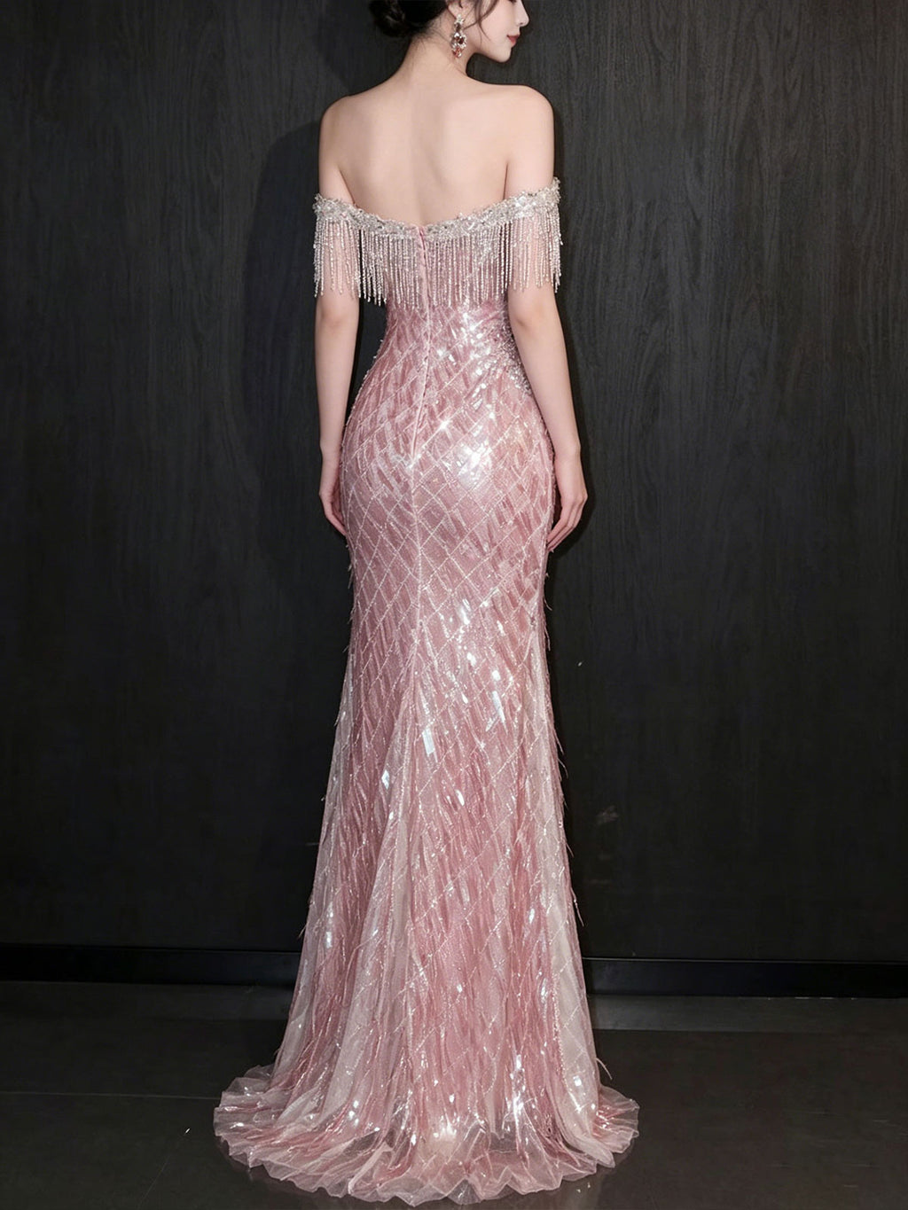 Off Shoulder Fringe Beaded Iridescent Sequin Mermaid Evening Gown Pink Formal Dress