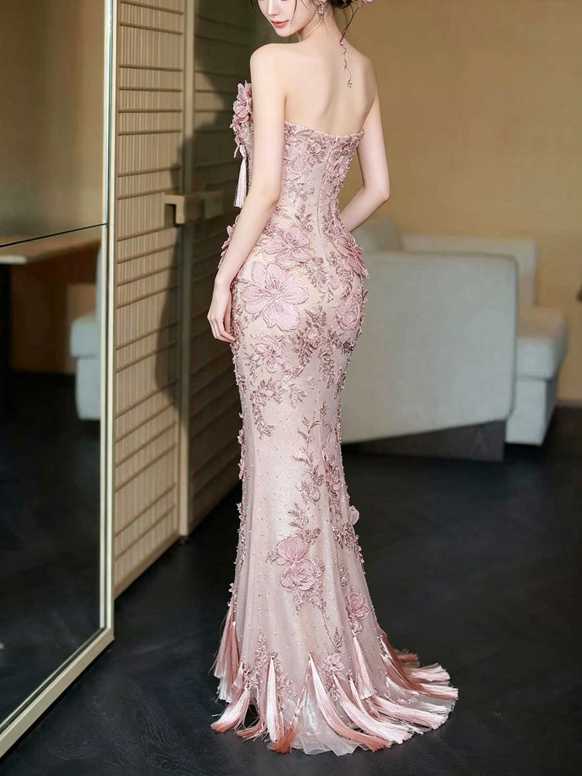 Blush Pink Strapless 3D Floral Mermaid Evening Gown with Tassels