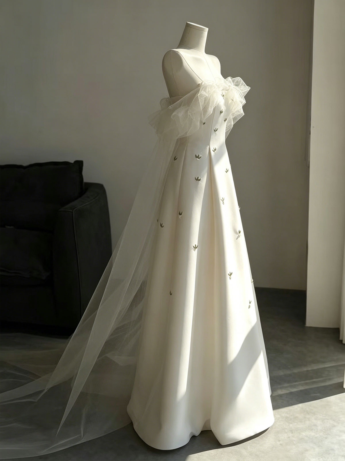 Strapless Tulle Ruffle Embroidered Satin A-Line Wedding Gown