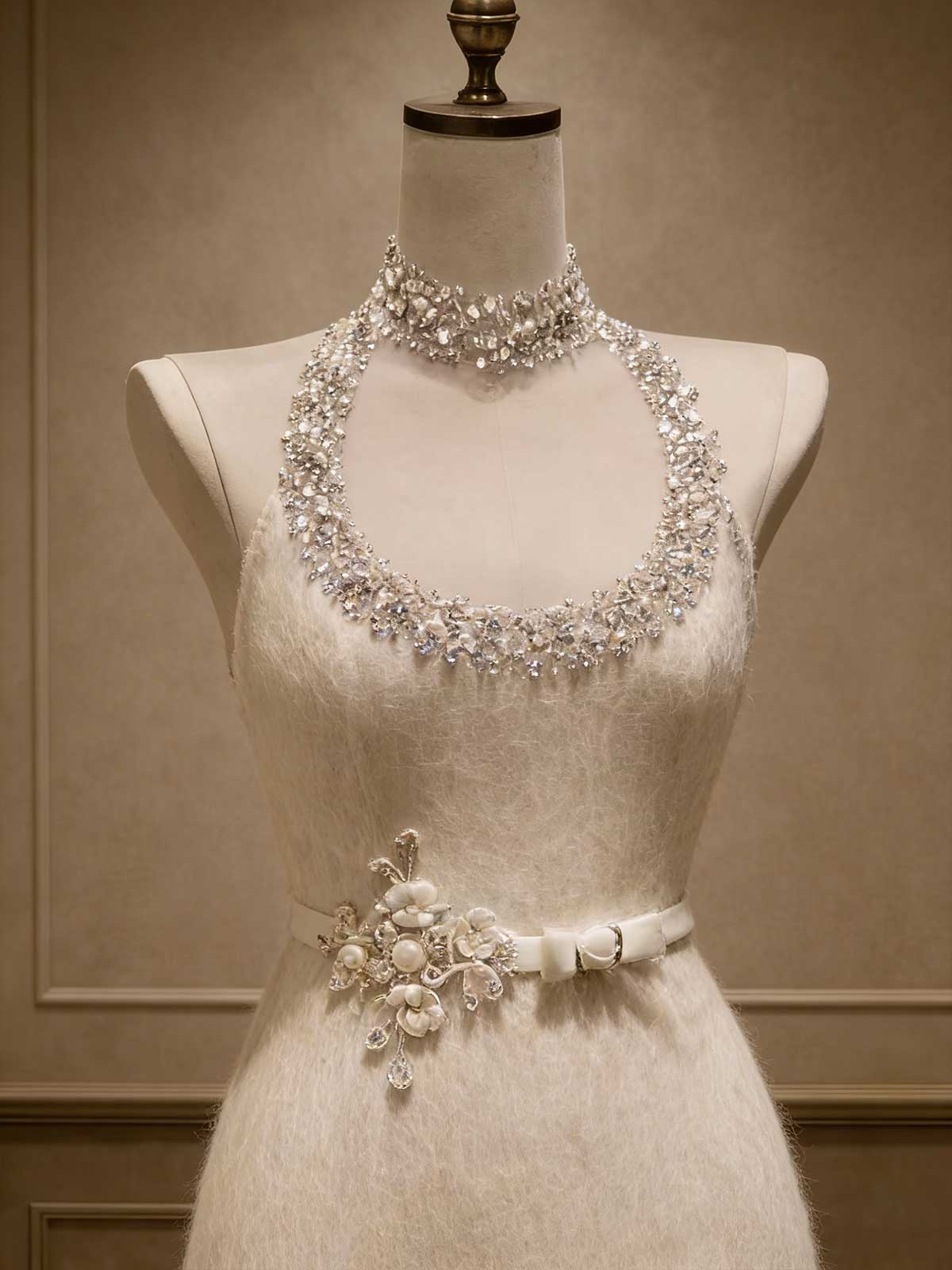 Elegant Halter Neck Gown with Crystal Embellishments & Fuzzy Textured Skirt
