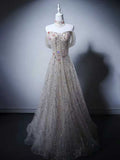 Champagne Gold Beaded Strapless A-Line Evening Gown with Floral Accents