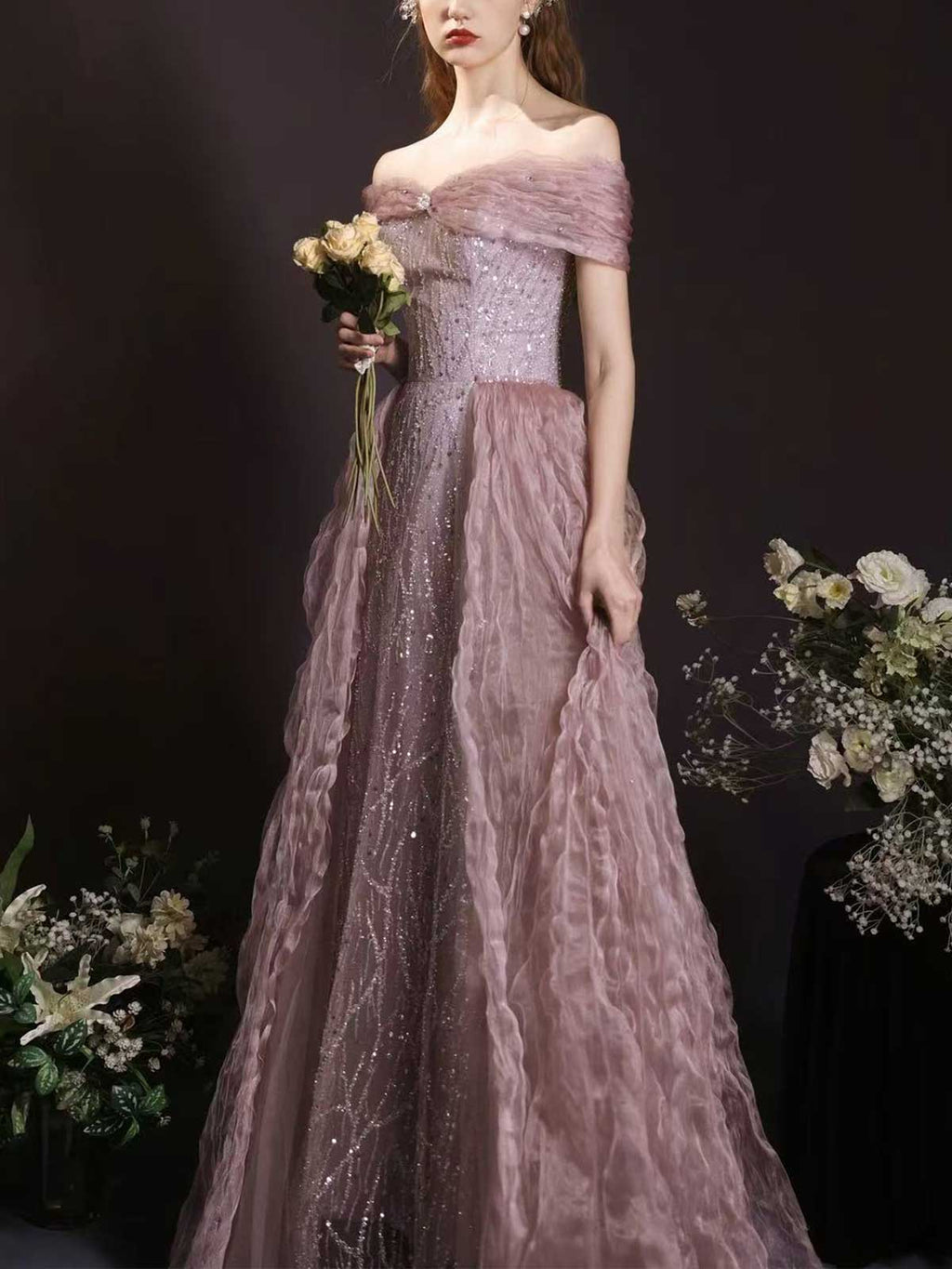Dusty Pink Off-the-Shoulder Sparkle Tulle A-Line Prom Gown