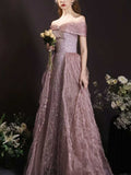 Dusty Pink Off-the-Shoulder Sparkle Tulle A-Line Prom Gown
