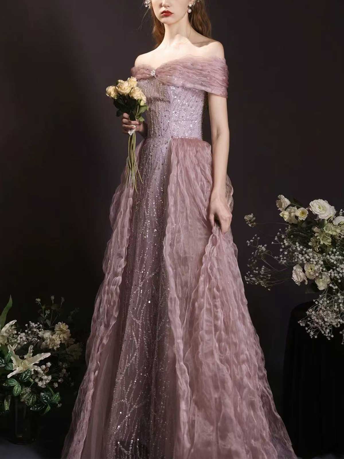 Dusty Pink Off-the-Shoulder Sparkle Tulle A-Line Prom Gown