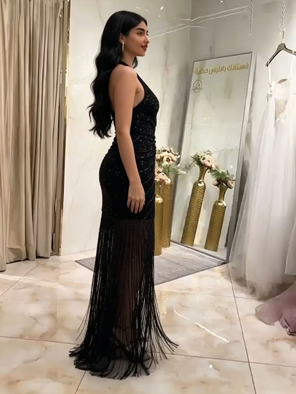 Black Sequin Halter Neck Sheer Mesh Mermaid Evening Gown