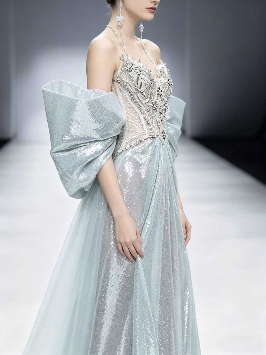 Ice Blue Sequin Strapless A-Line Evening Gown with Oversized Sleeves