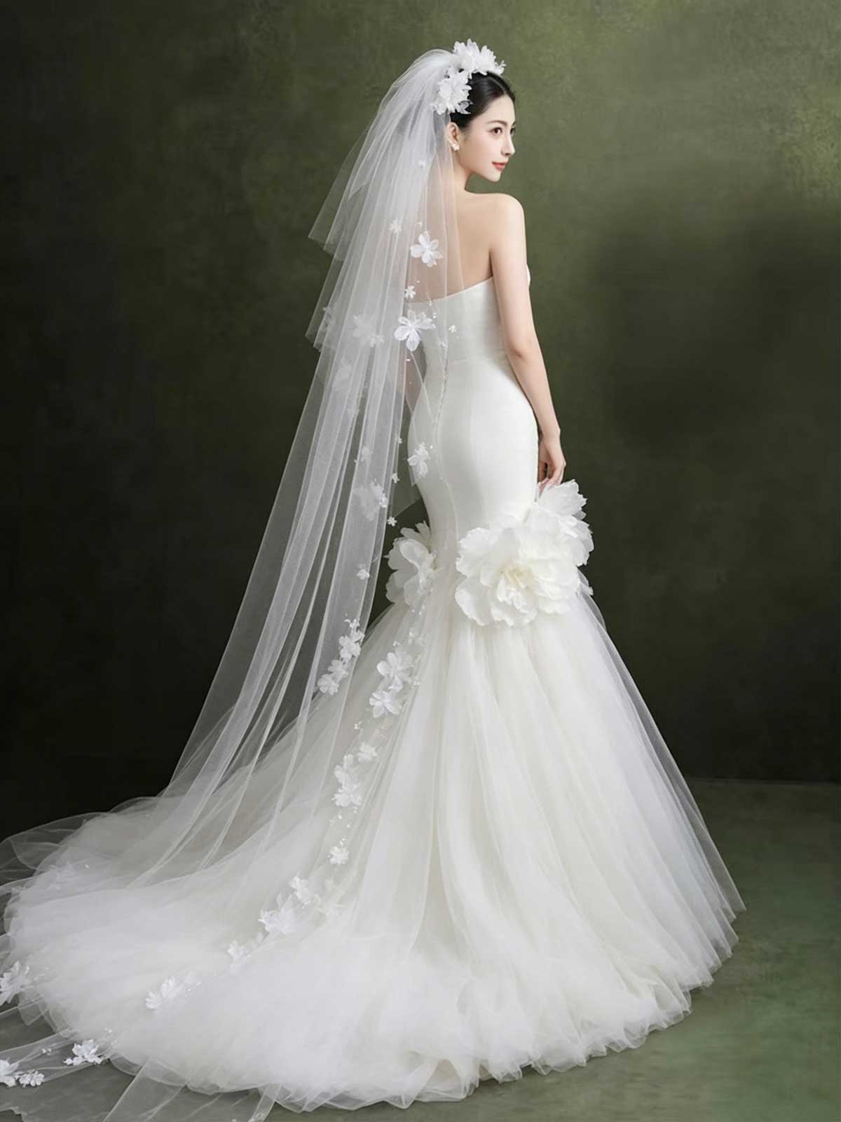 Strapless White Tulle Mermaid Wedding Dress with 3D Floral Appliqués